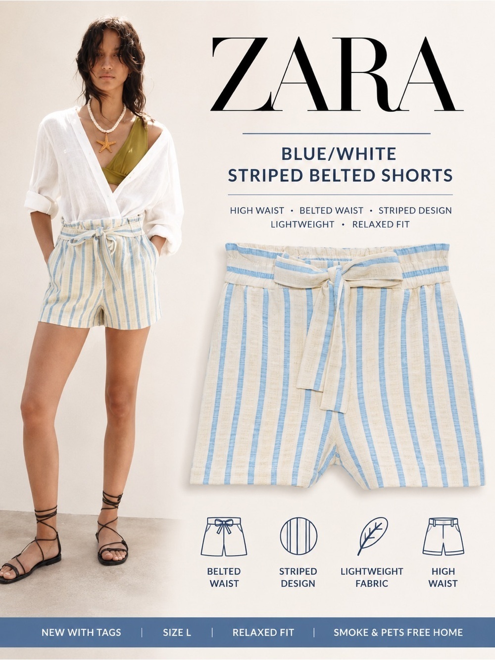 ZARA Blue White Striped Belted High Waist Shorts NWT Size L